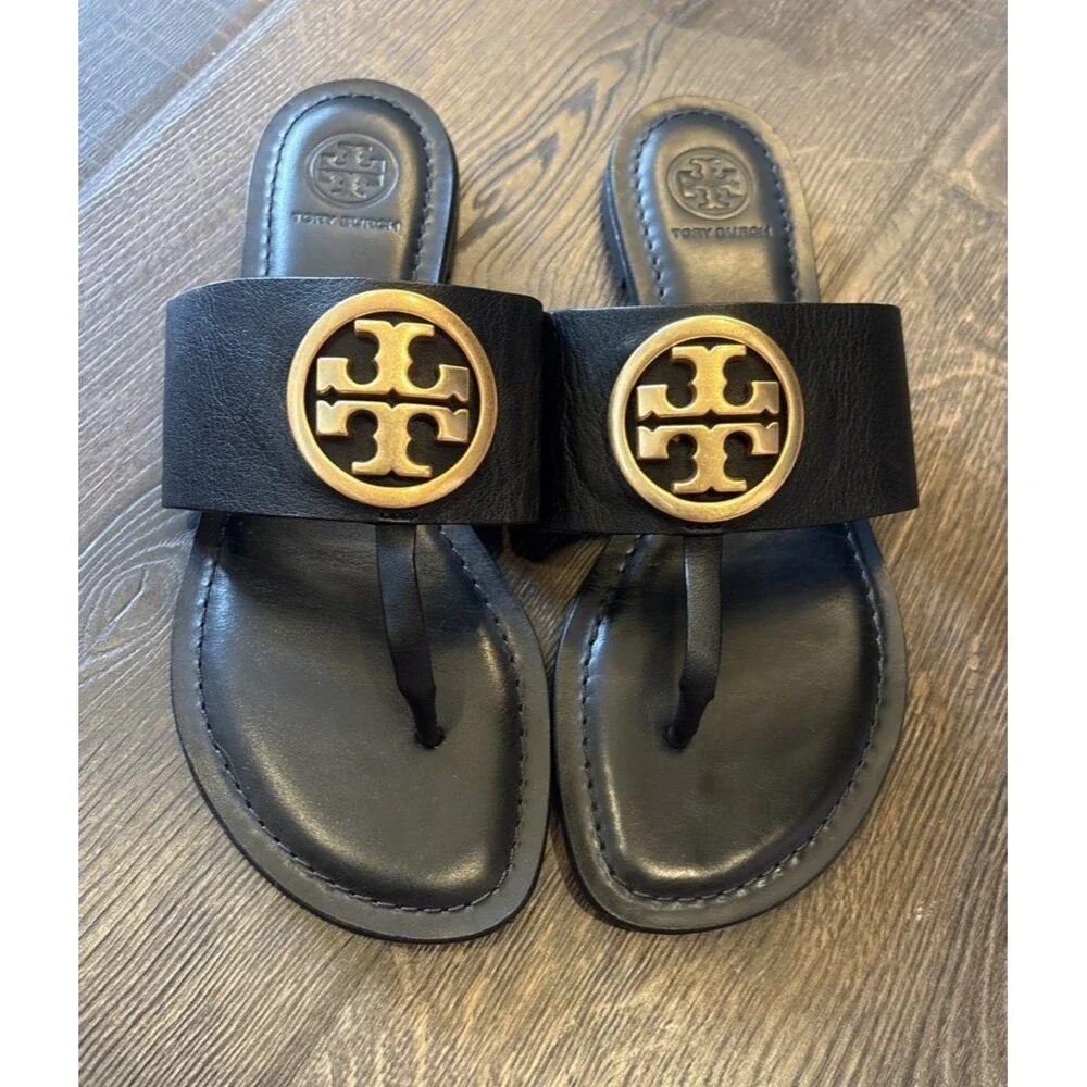 Tory Burch Benton Band Black Gold Logo Calf Leather Sandals Sz 6 1/2 6.5 M